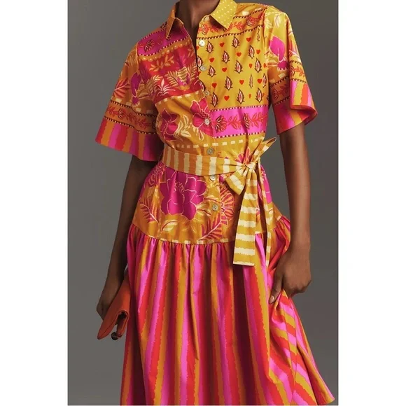 Farm Rio Button Front Tie Waist Midi Shirt Dress Anthropologie Pink Size XS NWT - Picture 2 of 7